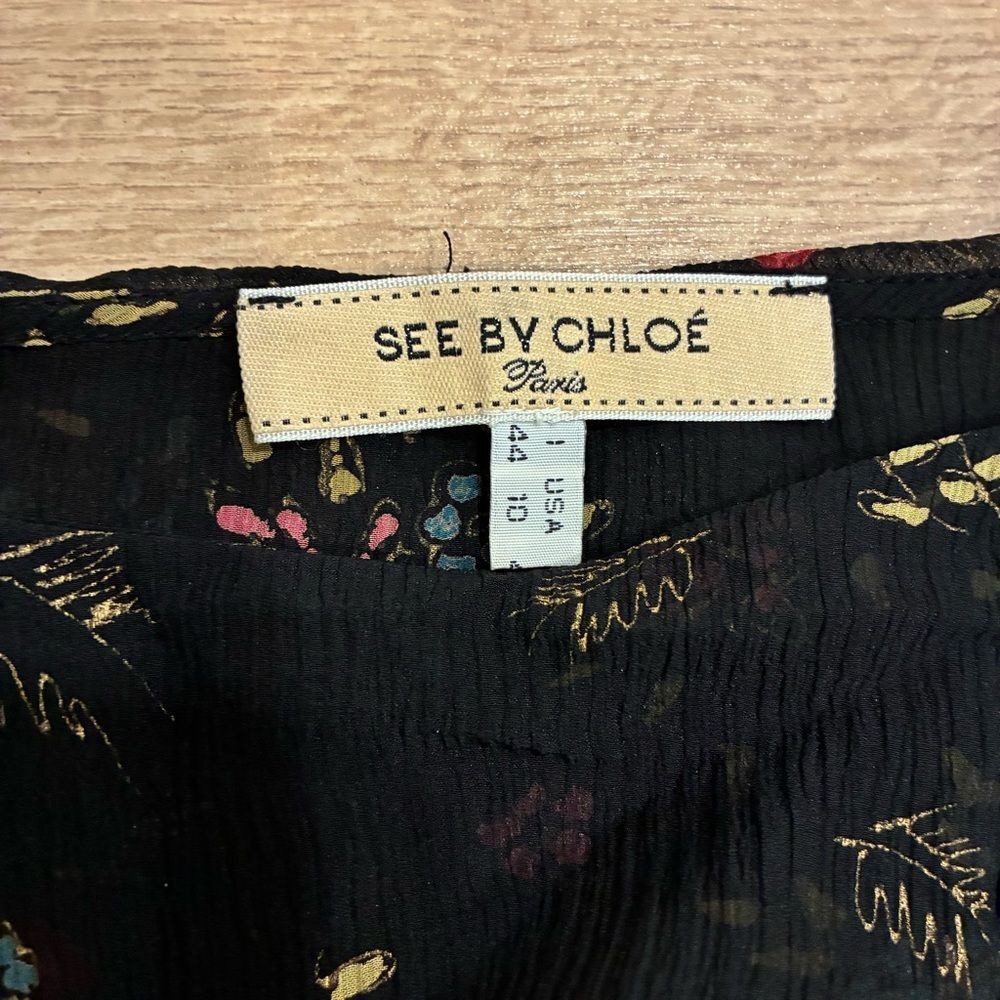 See by Chloe Women’s Silk Belted Black Floral Ruffle Boatneck Top Size 10 - Picture 3 of 7